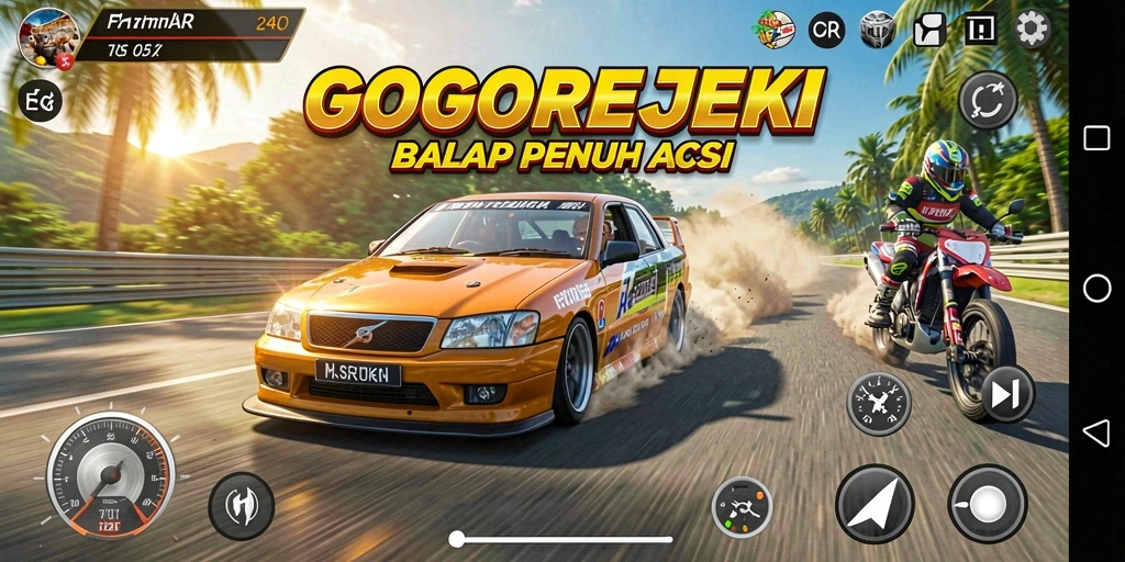 Screenshot menampilkan balapan intens di GOGOREJEKI dengan mobil cepat.