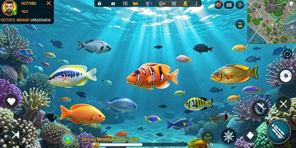 Screenshot gameplay HOT985 menampilkan aksi menembak ikan yang seru.