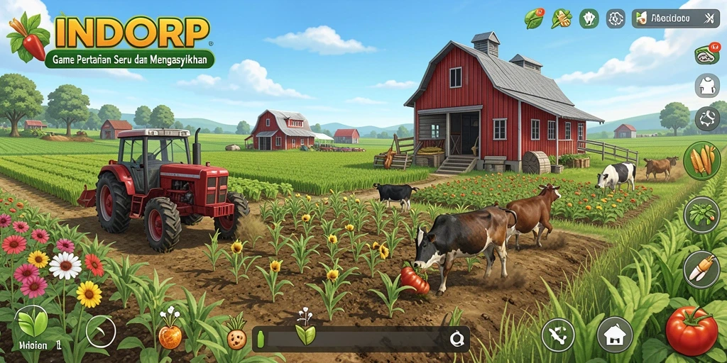 Tampilan gameplay seru di INDORP dengan ladang hijau dan hewan ternak.