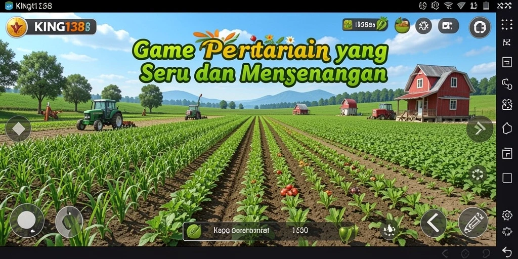 Screenshot gameplay KING138 menampilkan ladang pertanian yang subur dan interaksi dengan hewan.