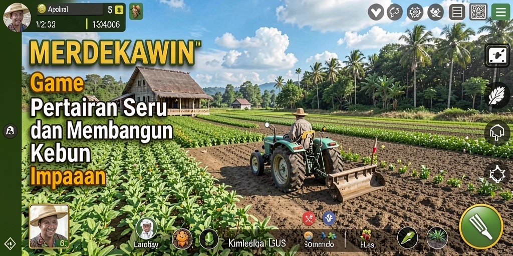 Screenshot gameplay MERDEKAWIN menunjukkan suasana ladang yang asri.