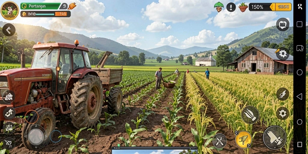 Screenshot gameplay SEHOKI menampilkan kebun yang indah dan hewan peliharaan yang lucu.